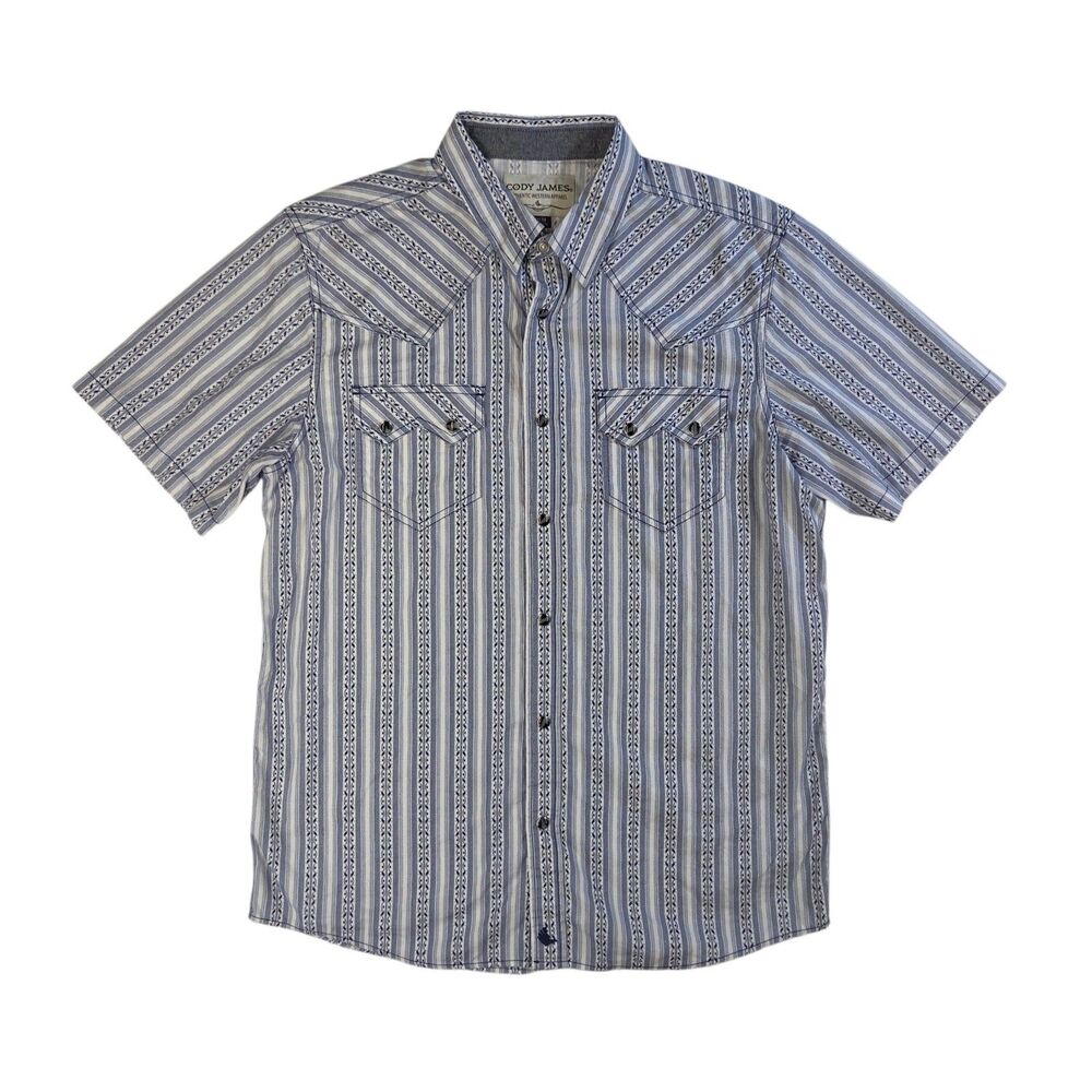 Cody James Men’s M Blue White Pearl Snap Shirt Southwestern Western Aztec Cowboy